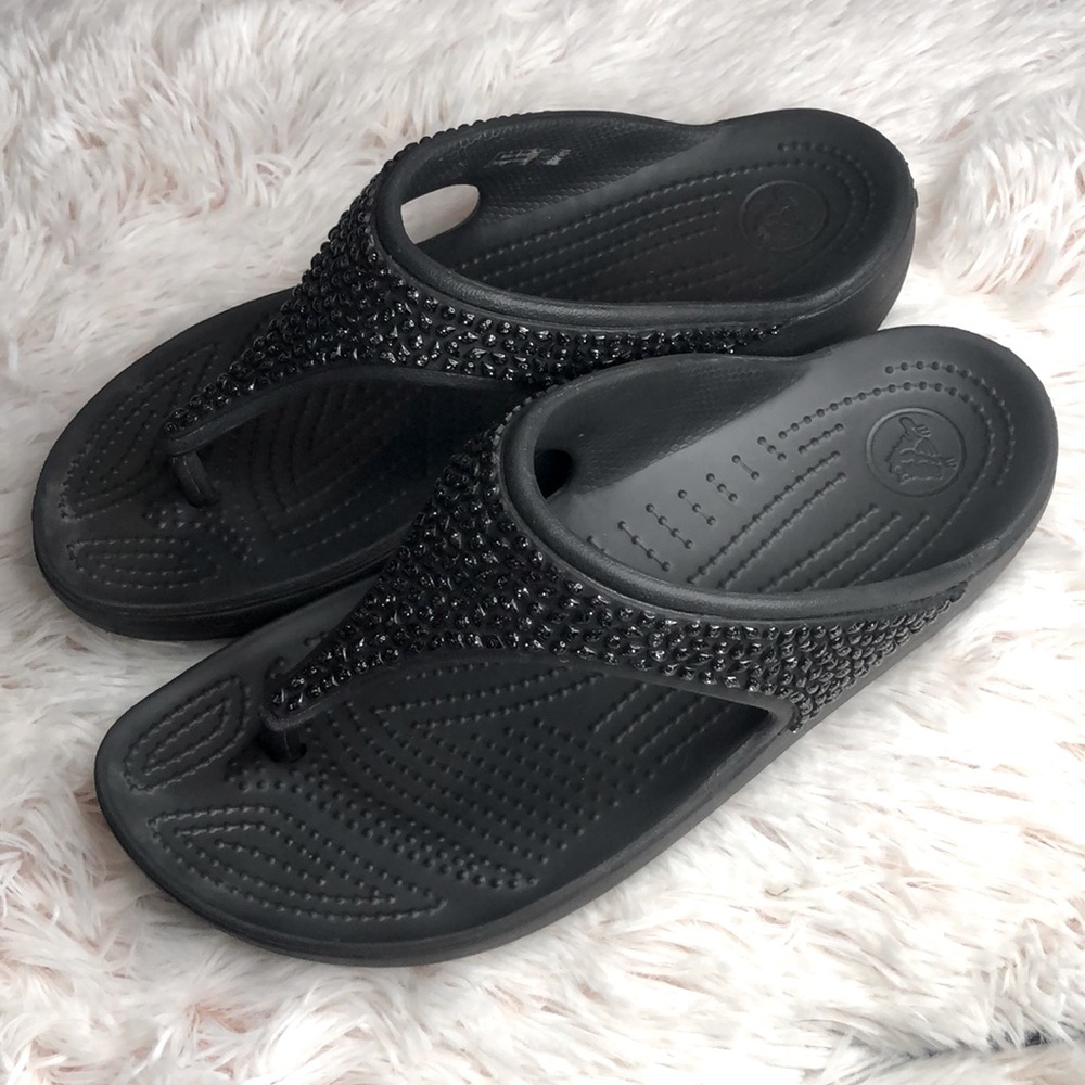 Crocs Sloane Black Glitter Stone Flip Flop Sandals